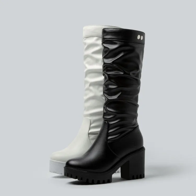 Women's Block Chunky Heel Platform Mid Calf Boots