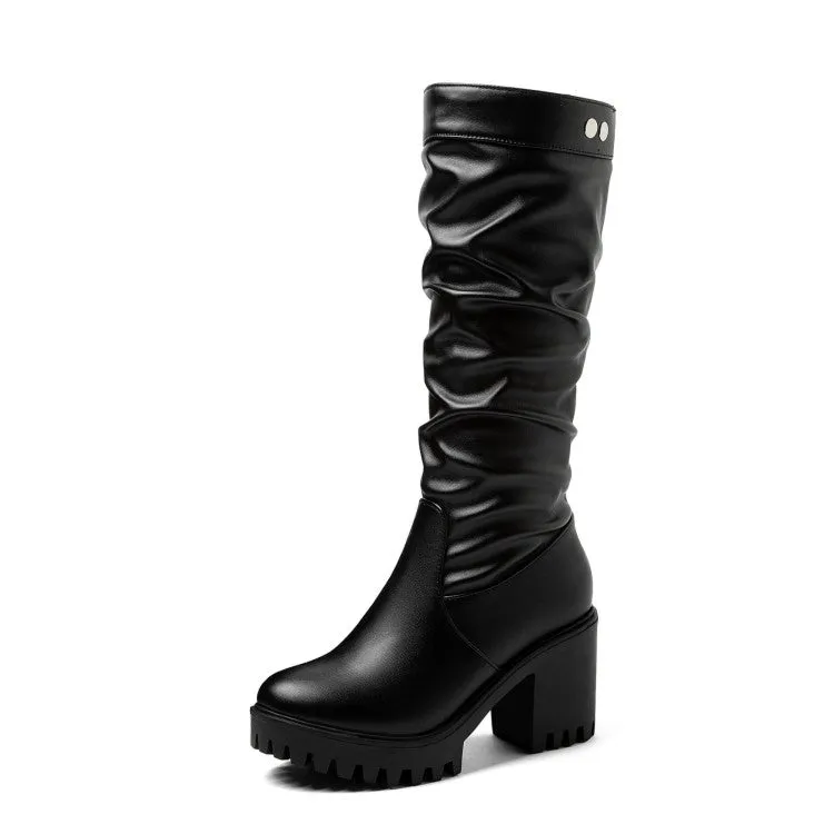 Women's Block Chunky Heel Platform Mid Calf Boots