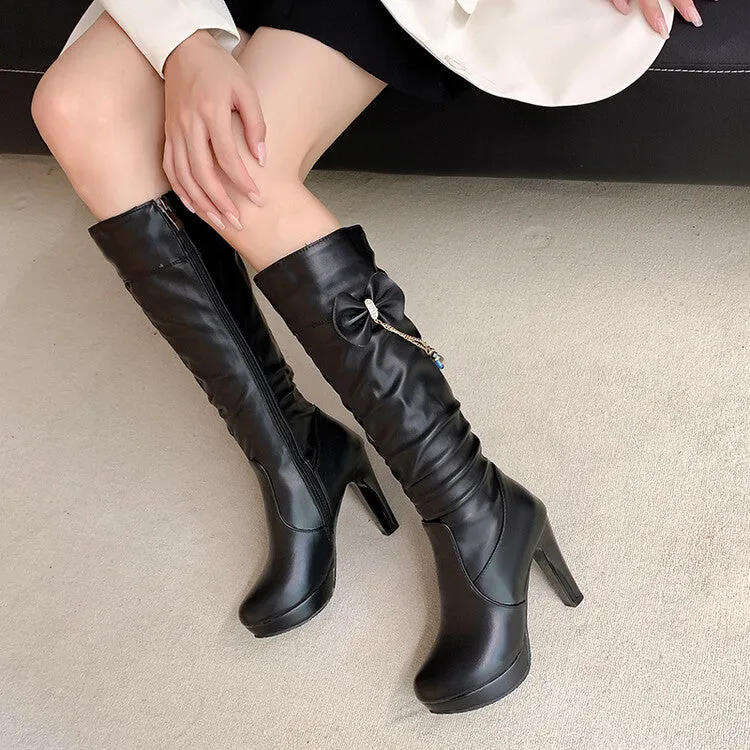 Women's Bow Tie Tassel Side Zippers Block Chunky Heel Platform Knee High Boots