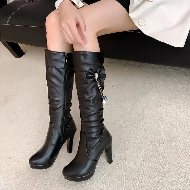 Women's Bow Tie Tassel Side Zippers Block Chunky Heel Platform Knee High Boots