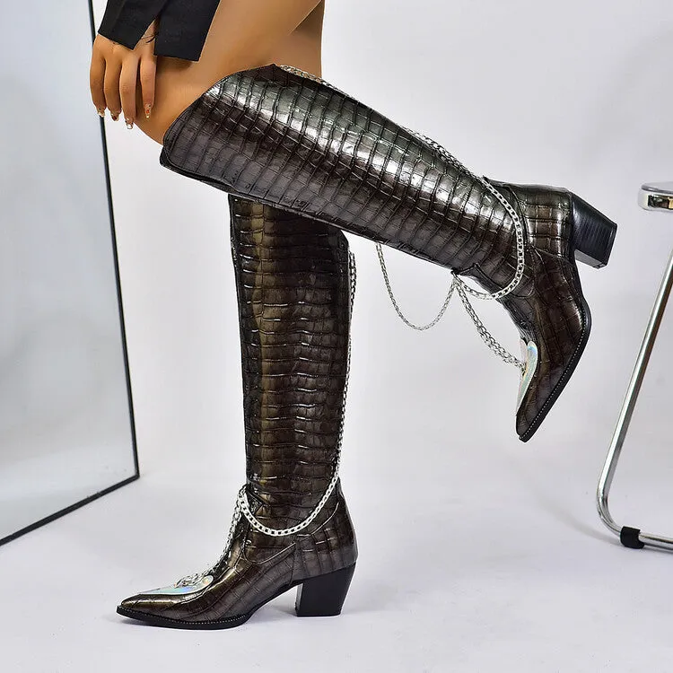 Women's Crocodile Pattern Pointed Toe Metal Chains Knee High Boots