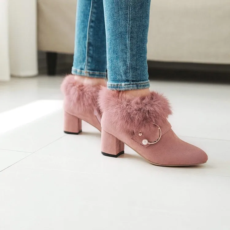 Women's Flock Pointed Toe Floppy Pearls Block Chunky Heel Short Boots