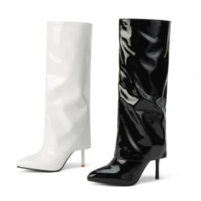 Women's Fold Pointed Toe Stiletto Heel Mid Calf Boots