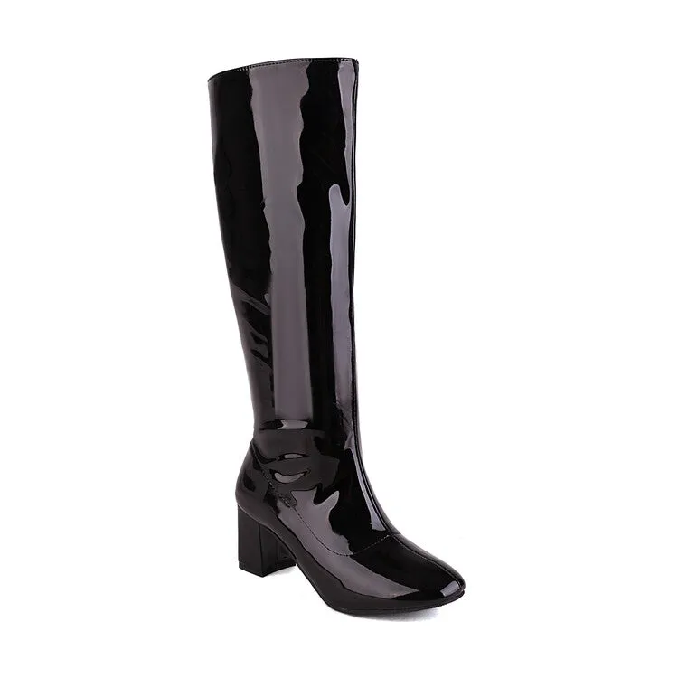 Women's Glossy Round Toe Side Zippers Block Chunky Heel Knee High Boots