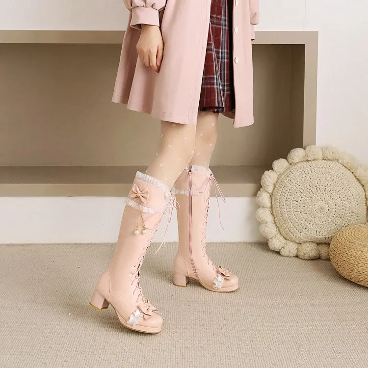 Women's Lace Bow Tie Pearls Tied Straps Block Chunky Heel Knee-High Boots