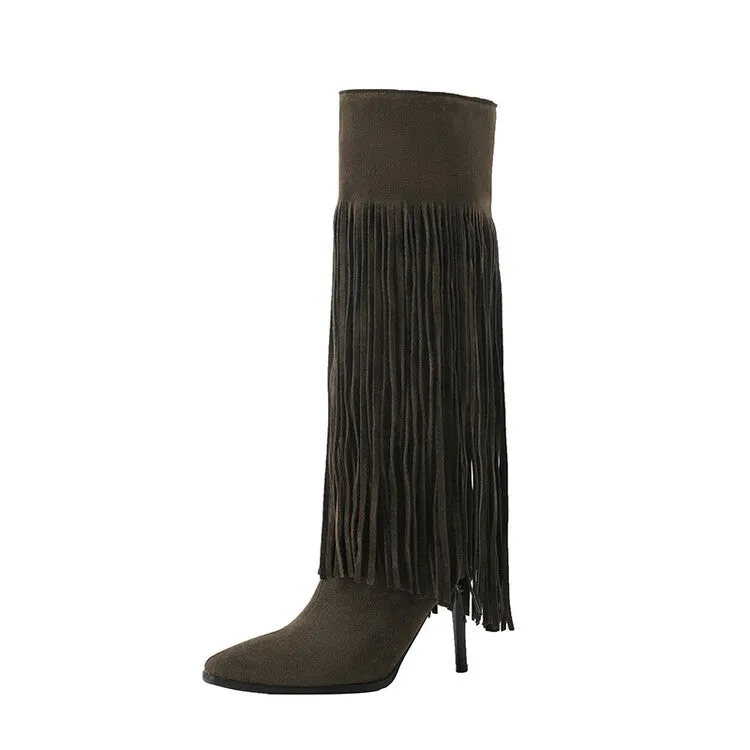 Women's Pointed Toe Tassel Stiletto Heel Knee-High Boots