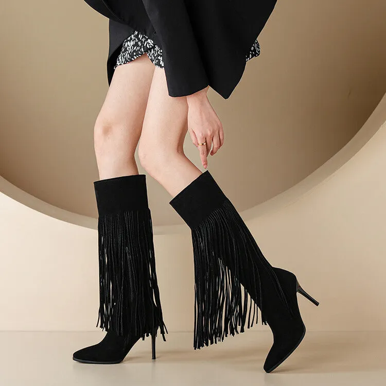 Women's Pointed Toe Tassel Stiletto Heel Knee-High Boots