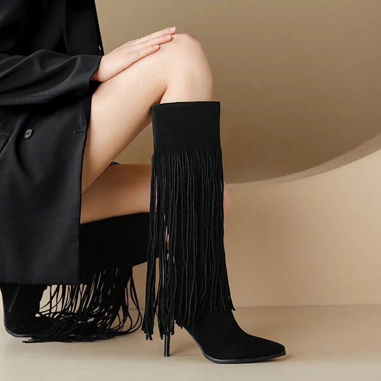 Women's Pointed Toe Tassel Stiletto Heel Knee-High Boots