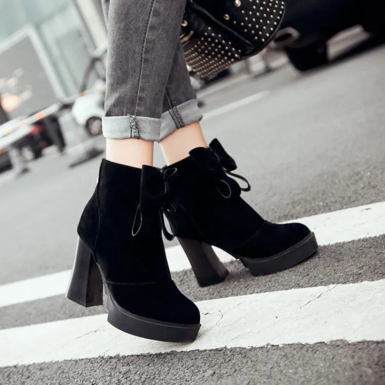 Women's Round Toe Bow Tie Back Zippers Block Chunky Heel Platform Short Boots