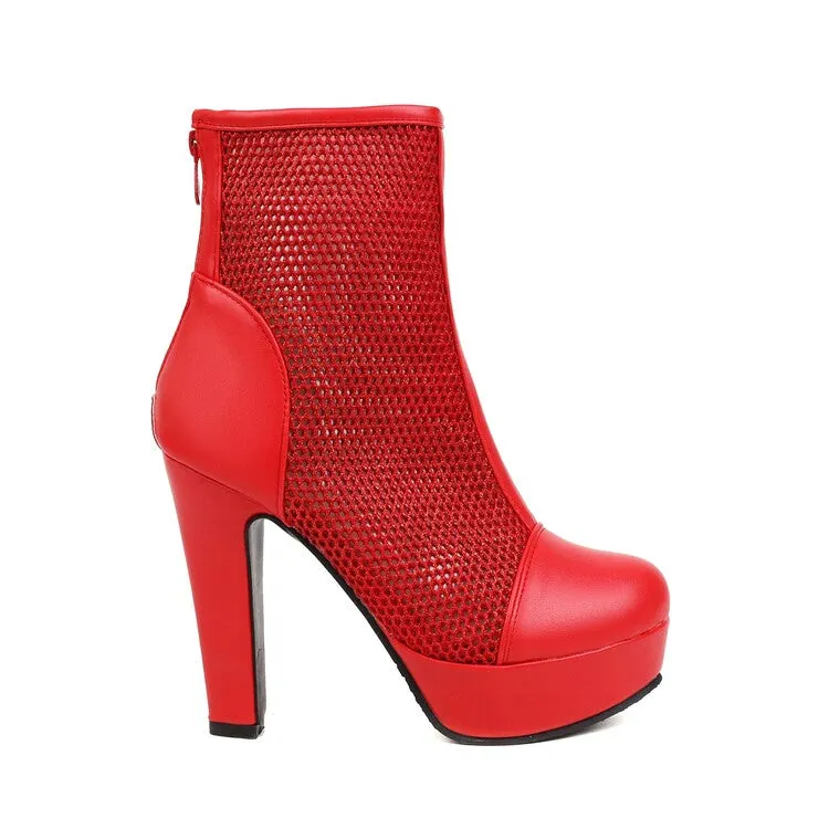 Women's Round Toe Mesh Back Zippers Block Chunky Heel Platform Short Boots