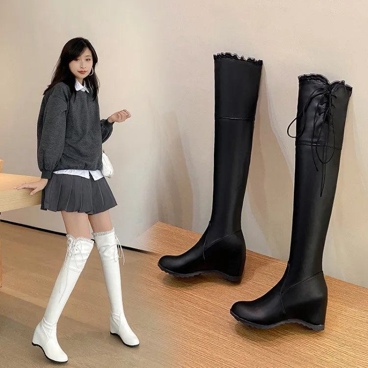 Women's Tied Straps Inside Heighten Wedge Heel Over-The-Knee Boots